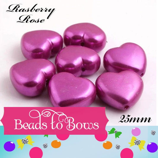 5 for 2.49  Raspberry Rose 25mm Pearl Heart Beads, Bubblegum Heart Bead, Chunky Valentine Heart Bead, Necklace Pearl Heart