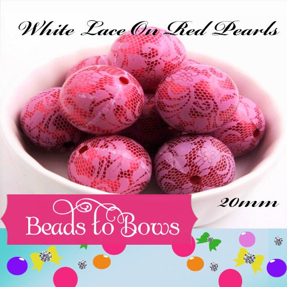 NEW 20mm Printed Red Pearls With White Lace Bubblegum Pearls, Chunky Gumball Beads, Bubblegum Bead, Chunky Printed Pearl Beads