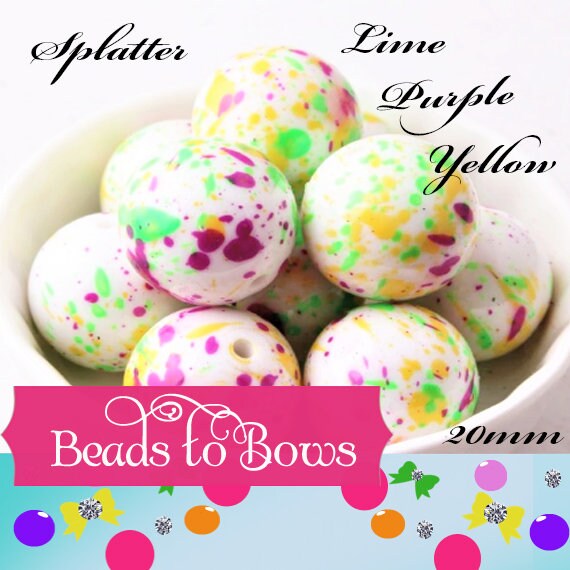 Neon 20mm Splatter Beads, Neon Lime Neon Purple Neon Yellow Bubblegum Beads, Splatter Beads, Bubblegum Necklace Beads,
