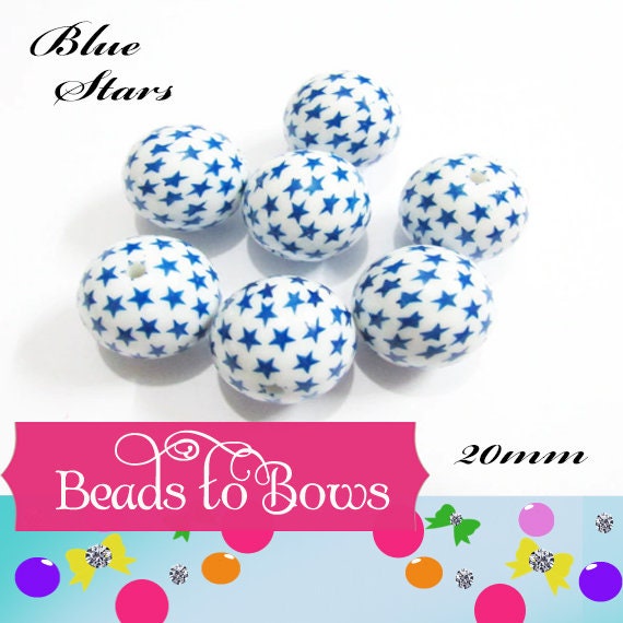 New 20mm Blue Star Printed Bubblegum Beads, 4th of July  Beads, Chunky Gumball Beads, Pearl Beads With Stars, July 4th. Beads