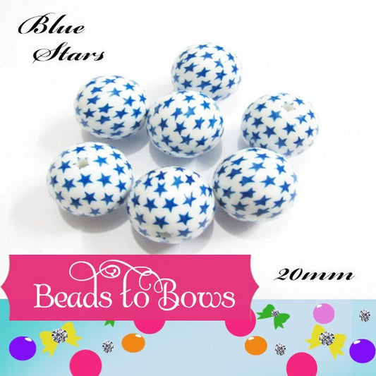 New 20mm Blue Star Printed Bubblegum Beads, 4th of July  Beads, Chunky Gumball Beads, Pearl Beads With Stars, July 4th. Beads