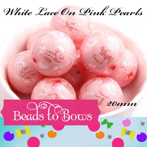 NEW 20mm Printed Pink Pearls With White Lace Bubblegum Pearls, Chunky Gumball Beads, Bubblegum Bead, Chunky Printed Pearl Beads