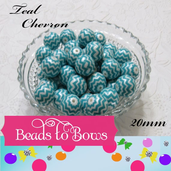 New Teal Chevron on Matte White Pearls,  Bubblegum Beads, Chunky Gumball Beads, Bubblegum Bead Supply, Chunky Printed Pearl Beads