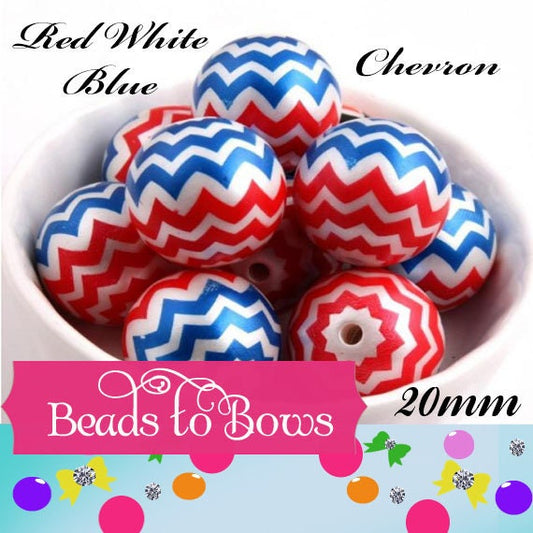 NEW 20mm Red Blue Chevron Print On White Pear Bubblegum Beads, Chunky Gumball Beads, Bubblegum Bead Supply, Chunky Printed Pearl Beads
