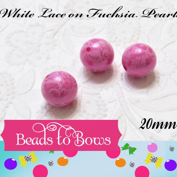 NEW 20mm Printed Fuchsia Pearls With White Lace Bubblegum Pearls, Chunky Gumball Beads, Bubblegum Bead, Chunky Printed Pearl Beads