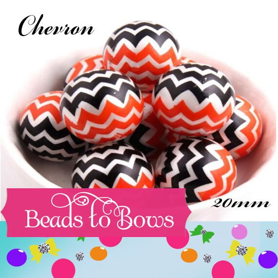 New 20mm Black & Orange Chevron on Matte White Pearls, Bubblegum Beads, Gumball Beads, Bubblegum Bead Supply, Chunky Printed Pearl Beads