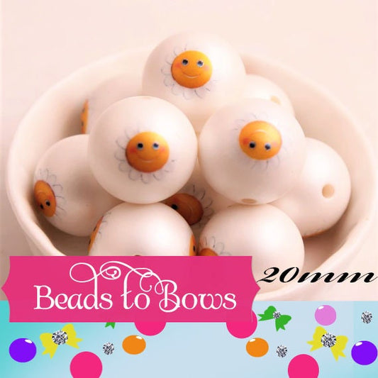 NEW 20mm Smiling Yellow Flower Face Bubblegum Beads, Chunky Beads, Bubblegum Print Bead, Chunky Necklace  Bead, Acrylic Bubblegum Bead,