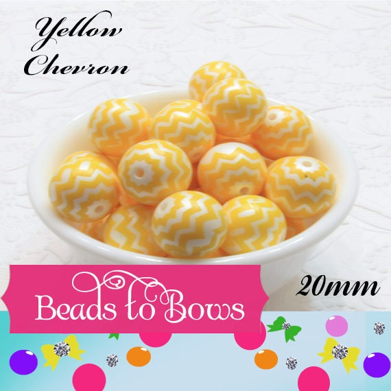 20mm Yellow Chevron on Matte White Pearls,  Bubblegum Beads, Chunky Gumball Beads, Bubblegum Bead Supply, Chunky Printed Pearl Beads