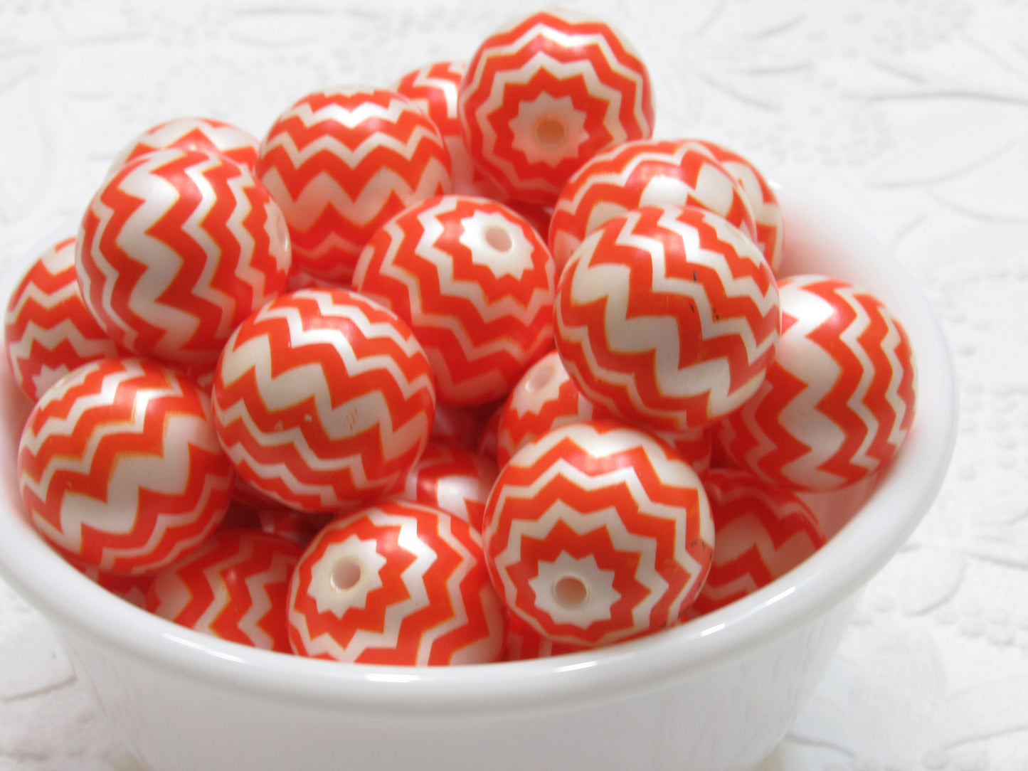 20mm Orange Chevron on Matte White Pearls,  Bubblegum Beads, Chunky Gumball Beads, Bubblegum Bead Supply, Chunky Printed Pearl Beads
