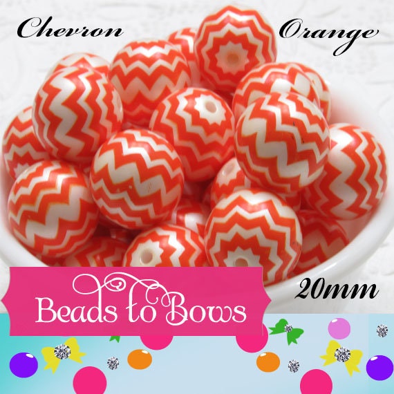 20mm Orange Chevron on Matte White Pearls,  Bubblegum Beads, Chunky Gumball Beads, Bubblegum Bead Supply, Chunky Printed Pearl Beads
