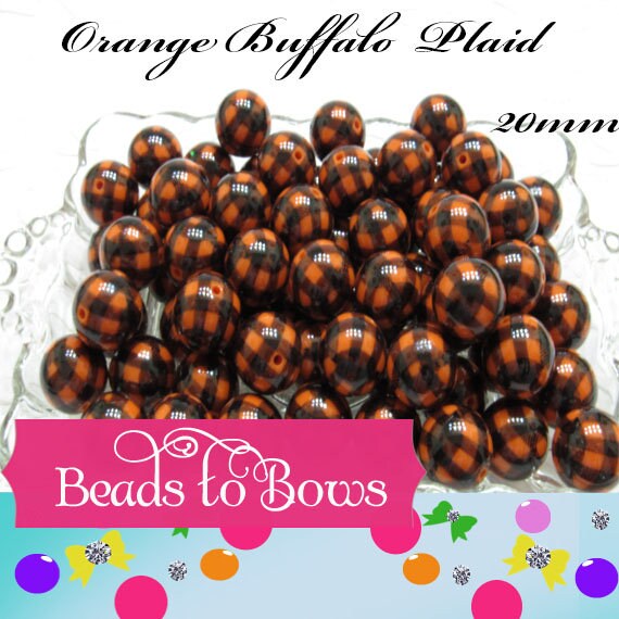 NEW 20mm Orange Buffalo Paid Bubblegum Beads, Chunky Beads, Bubblegum Print Beads, Chunky Necklace Supply Bead, Acrylic Bubblegum Bead,