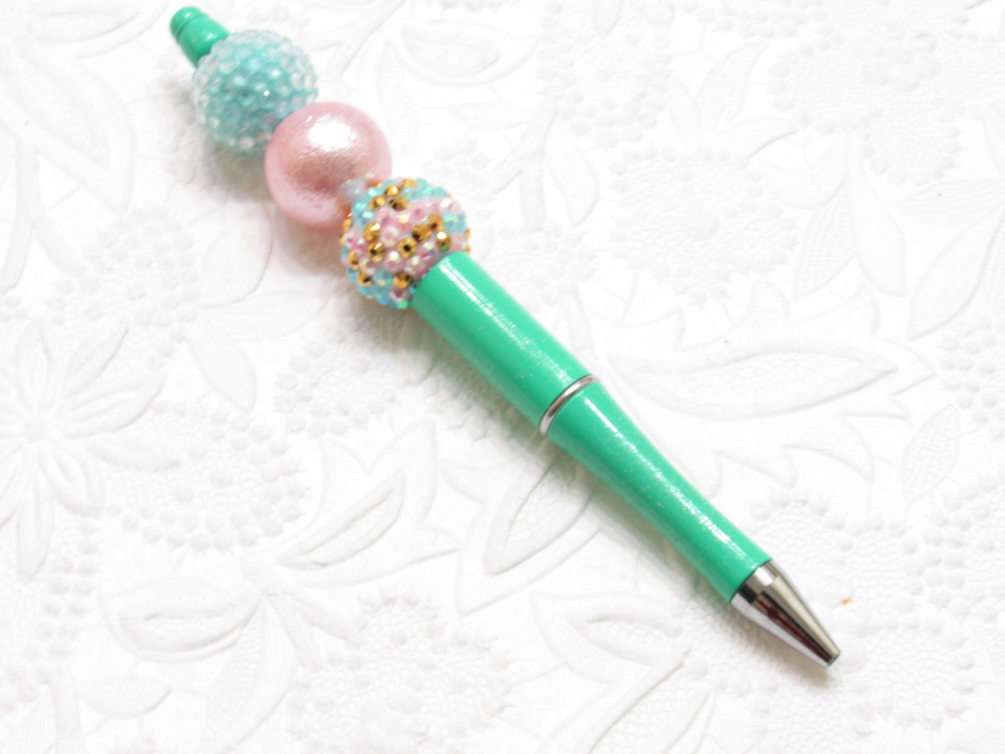 3 for 5.00 DIY Bubblegum Beadable Pen Blanks, Mint Shimmer Beadable Pen, DIY Plastic Beadable Pens, Black Ink
