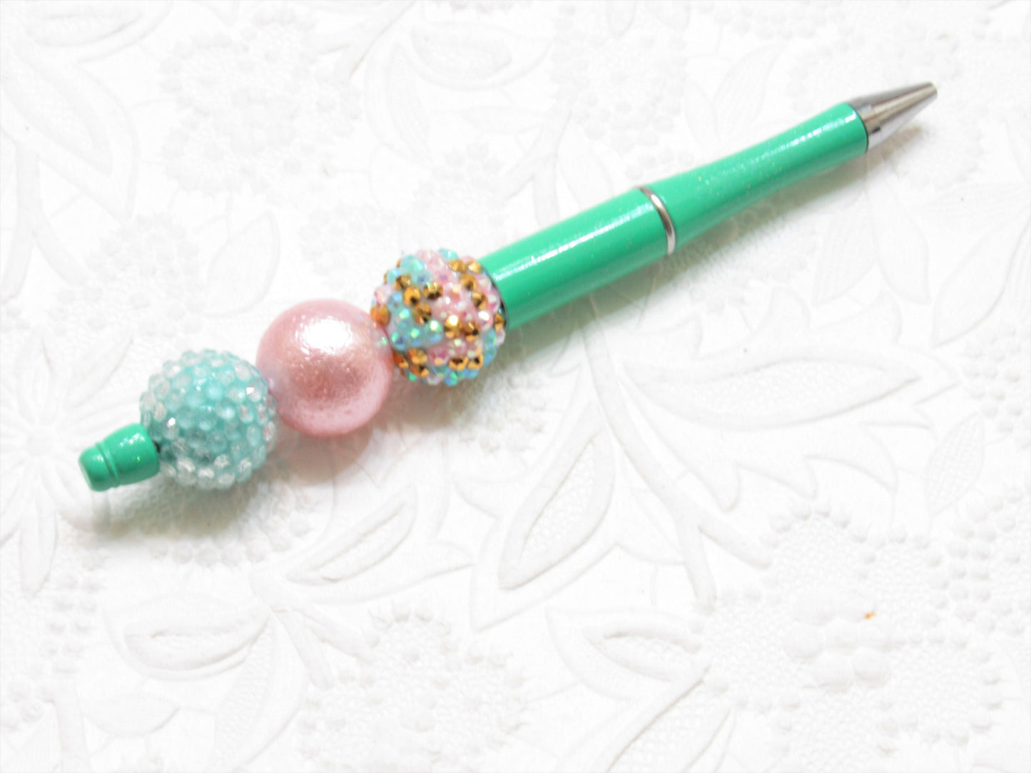 3 for 5.00 DIY Bubblegum Beadable Pen Blanks, Mint Shimmer Beadable Pen, DIY Plastic Beadable Pens, Black Ink