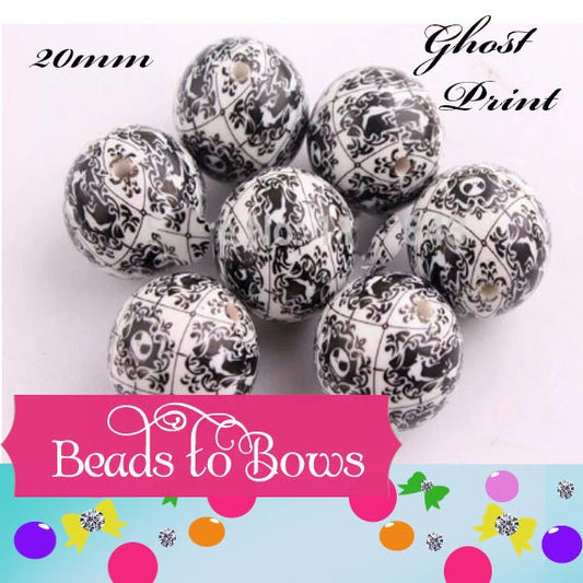 New 20mm Ghost Print Bubblegum Beads, Halloween Bubblegum Bead Supply, Black Ghosts on White  Beads, Jack Skellington Chunky Beads