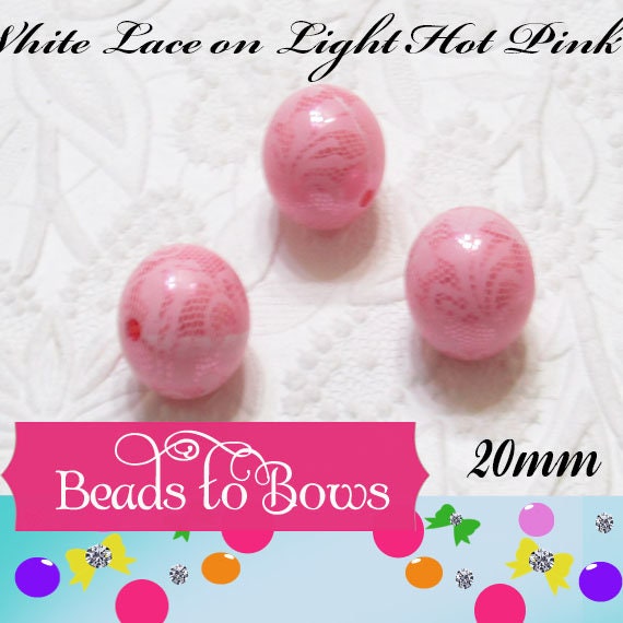NEW 20mm Printed Light Hot Pink Pearls With White Lace Bubblegum Pearls, Chunky Gumball Beads, Bubblegum Bead, Chunky Printed Pearl Beads