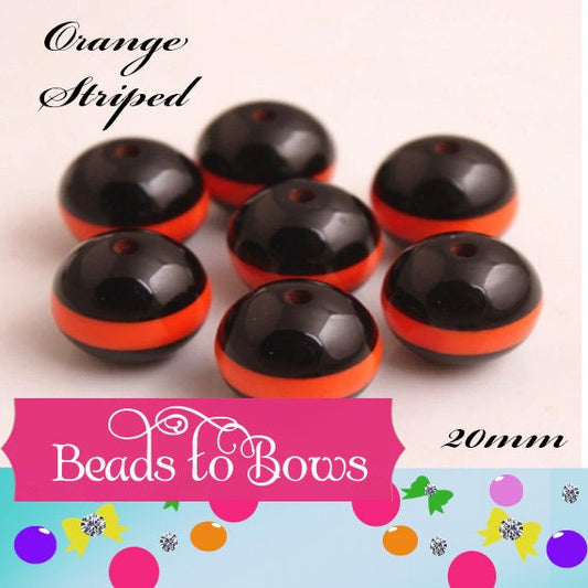 New Chunky Black With One Orange Stripe Bubblegum Beads, Gumball Beads, Bubble Gum Beads, Round Resin Beads, Chunky Bead Supply Beads