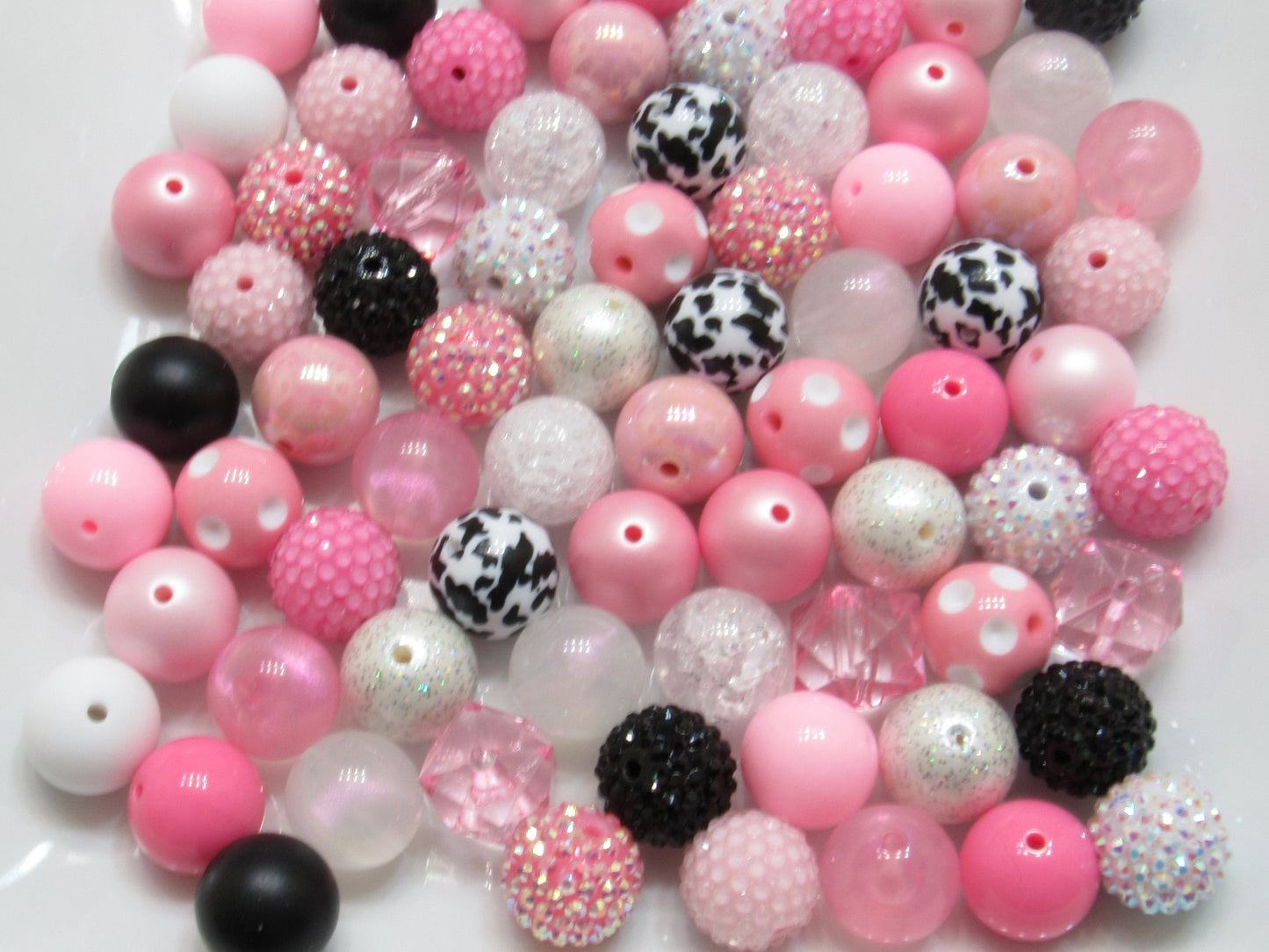 20mm Pink Black and White Cow Print Bubblegum Beads, Mixed Gumball Beads, Bubblegum Necklace Supply Beads, Chunky Bead Supply,
