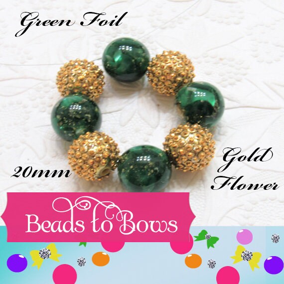 NEW 20mm Gold Foil In Green Resin BUbblegum Beads, Green Foil Bubblegum Beads, Chunky Foil Bead, Chunky Bubblegum Gold  In Red Bead Supply