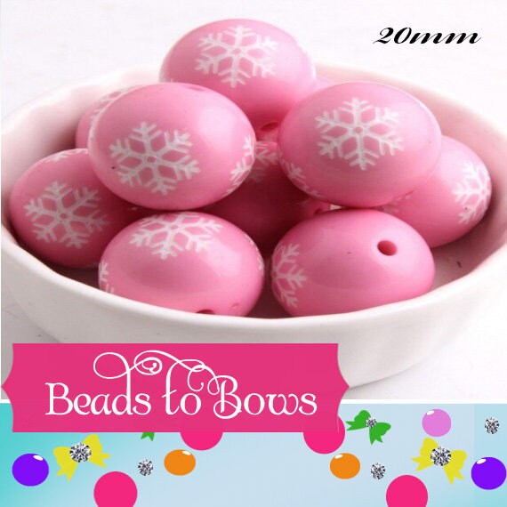NEW 20mm Printed Snowflake on Pink Bubblegum Beads, Chunky Beads, Snowflake Print Beads, Chunky Necklace Supply Bead, Acrylic Bead,