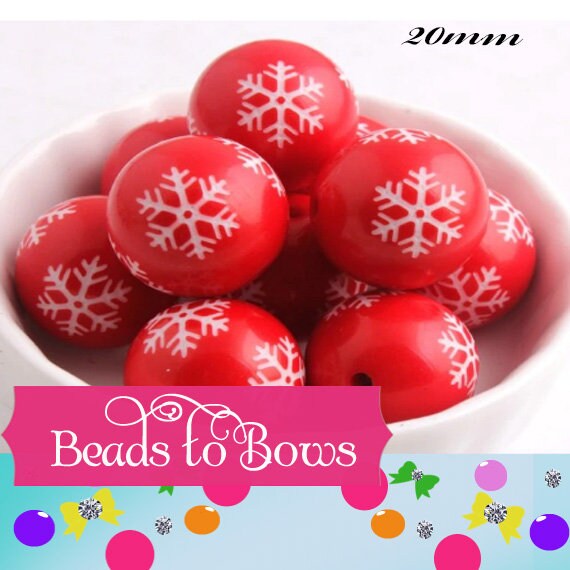 NEW 20mm Printed Snowflake on Red Bubblegum Beads, Chunky Beads, Snowflake Print Beads, Chunky Necklace Supply Bead, Acrylic Bead,