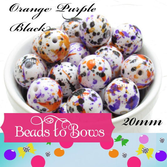 New 20mm Splatter Beads, Orange Purple Black Bubblegum Beads, Halloween Splatter Beads, Bubblegum Necklace Beads,