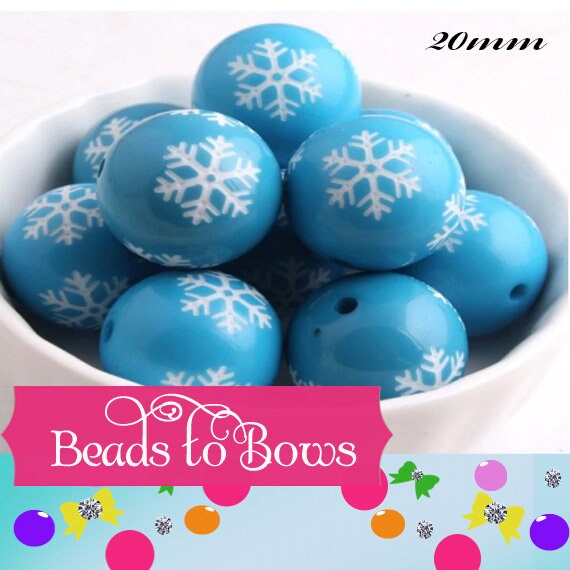 NEW 20mm Printed Snowflake on Turquoise Bubblegum Beads, Chunky Beads, Snowflake Print Beads, Chunky Necklace Supply Bead, Acrylic Bead,