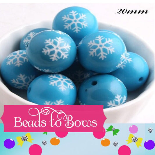 NEW 20mm Printed Snowflake on Turquoise Bubblegum Beads, Chunky Beads, Snowflake Print Beads, Chunky Necklace Supply Bead, Acrylic Bead,