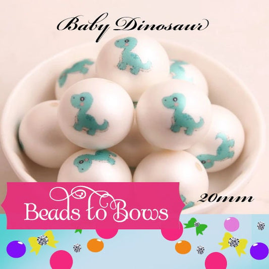 NEW 20mm Baby Dinosaur Printed On Matte White Beads, Printed Dino On Bubblegum Beads, Adorable Dinosaur Printed On Beads
