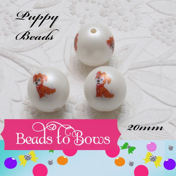 NEW 20mm Puppy's Printed On Matte White Beads, Printed Puppy On Bubblegum Bead, Adorable Brown Puppy Printed Beads, Animal Print Bead
