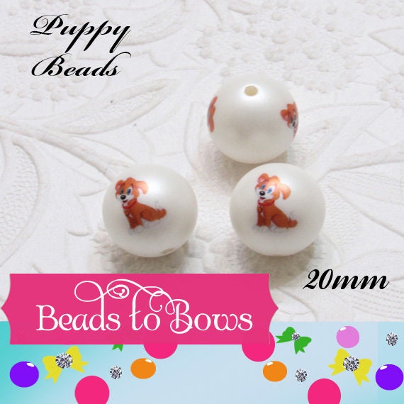 NEW 20mm Puppy's Printed On Matte White Beads, Printed Puppy On Bubblegum Bead, Adorable Brown Puppy Printed Beads, Animal Print Bead