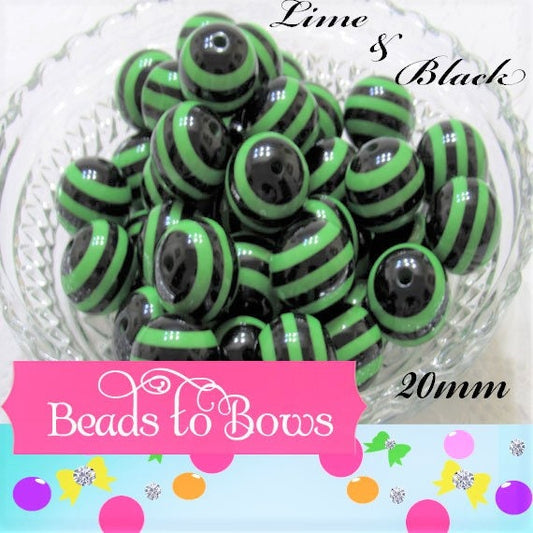 New 20mm Lime and Black Striped Bubblegum Beads, Chunky Resin Striped Gumball Beads, Halloween BeadsChunky Necklace Beads