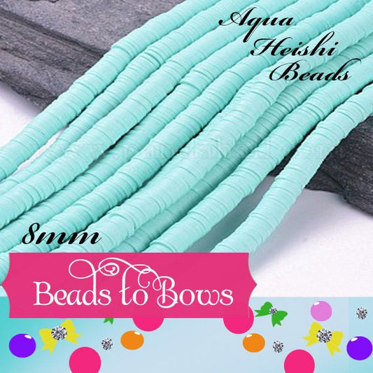 8mm Aqua Heishi Bead Strands, Flat Round Polymer Clay Beads, Disc Heishi Beads, LIght Weight, Hawiian Earring Beads, Bracelets