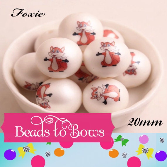 NEW 20mm Woodland Baby Fox Printed On Matte White Beads, Printed Fox On Bubblegum Bead, Adorable Baby Fox Printed Beads, Animal Print Bead