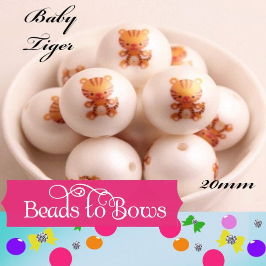 NEW 20mm Baby Tiger Printed On Matte White Beads, Printed Tiger On Bubblegum Bead Adorable Baby Leopard Printed Beads, Animal Print Bead