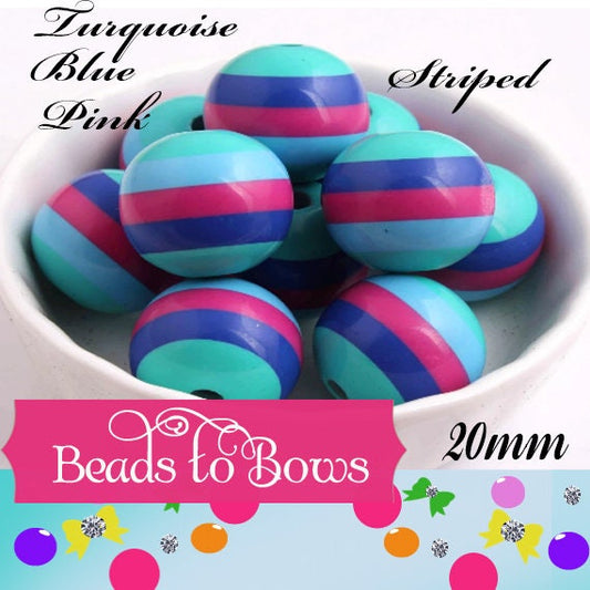 20mm Turquoise Blue and Pink Striped Bubblegum Beads, Chunky Beads, Resin Striped Gumball Beads,  Chunky Necklace Supply, Bubble Gum Beads