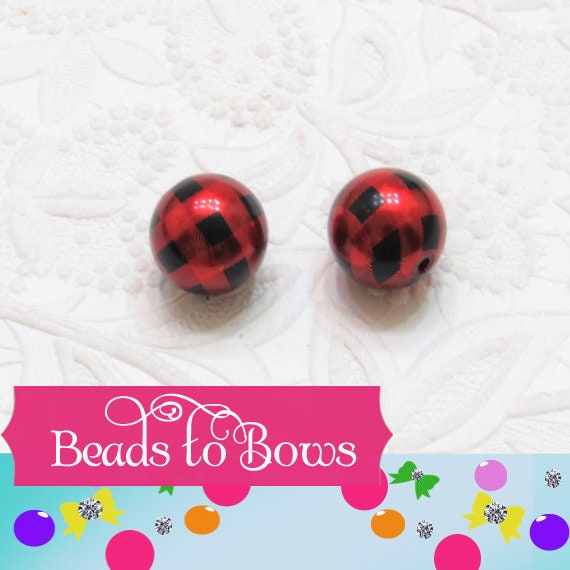 Sale 20mm Red Buffalo Plaid Pearl Bubblegum Beads, Chunky Pearl Print Beads, Acrylic Bubblegum Pearl Bead,