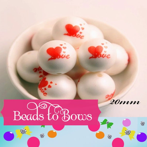 NEW 20mm Love Red Heart On Matte White Pearl, Valentine Red Heart,  Bubblegum Beads, Valentine Hearts