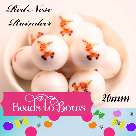 20mm Red Nose Reindeer Printed On Matte White Pearls,  Bubblegum Beads, Adorable Raindeer Christmas Beads,