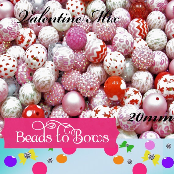 Mixed 20mm Red Pink White Valentine Beads,  Valentine Bubblegum Beads, Chunky Bead Mix, Valentine Beads, Chunky Bead Supply