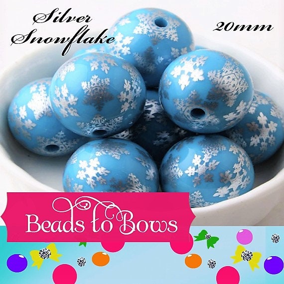 NEW 20mm Silver Snowflakes On Blue  Bubblegum Beads, Snowflake  Beads, Chunky Bubblegum Necklace Beads, Chunky Bead Supply
