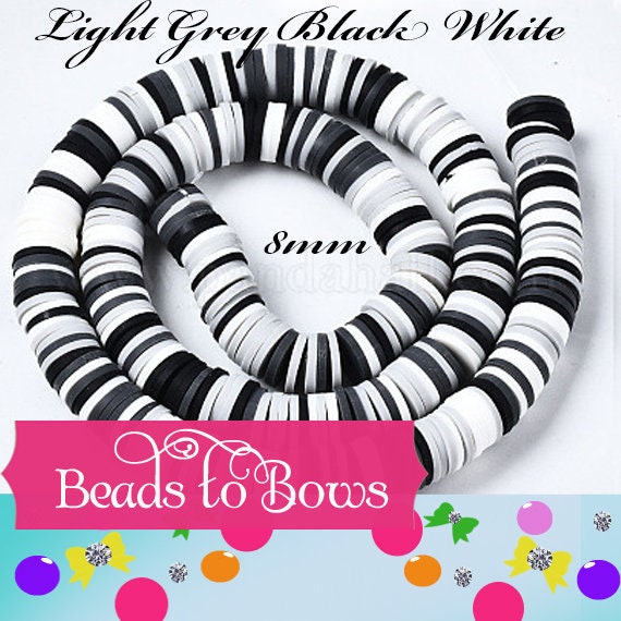 8mm Grey, Black, White Heishi Bead Strands, Flat Round Polymer Clay Beads, Disc Heishi Beads, LIght Weight, Hawiian Earring Beads, Bracelets