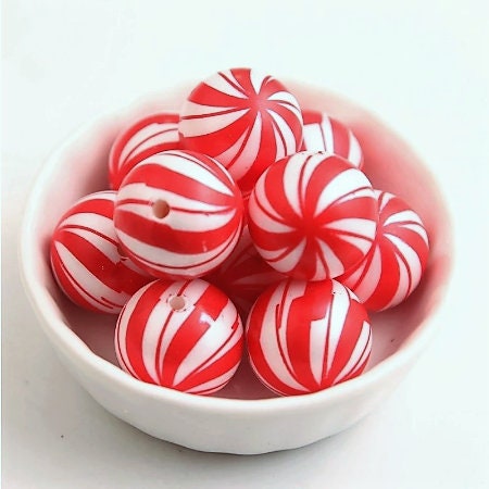 B Grade 10 for 2.49 20mm Red & White Peppermint Striped Christmas Candy Look  Bubblegum Beads, Printed Bubblegum Beads, Bubblegum Beads