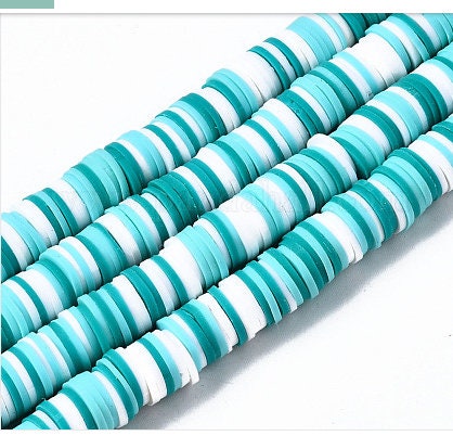 8mm Blue Green & White Heishi Bead Strands, Flat Round Polymer Clay Beads, Disc Heishi Beads, LIght Weight, Hawiian Earring Beads, Bracelets