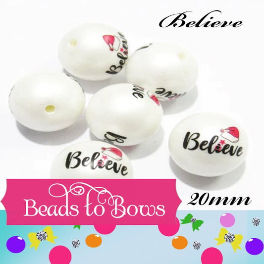 20mm Believe Printed On White Matte Bubblegum Beads With Santa Hat, Printed White Matte Bead  The Word Believe Bubble Gum Beads