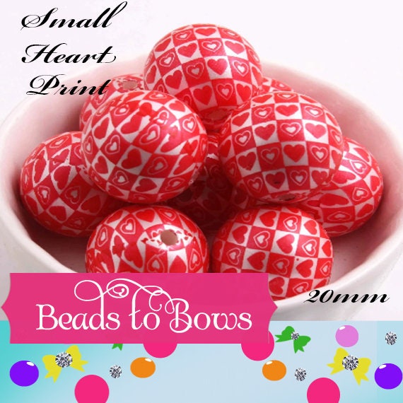20mm Tiny red heart Printed Bubblegum Beads, Chunky Bubble gum Beads, Red Hearts Valentine Beads, Chunky Necklace Supply Bead,