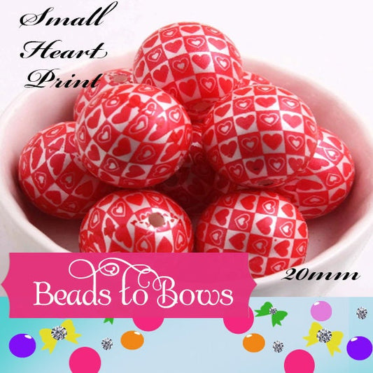 20mm Tiny red heart Printed Bubblegum Beads, Chunky Bubble gum Beads, Red Hearts Valentine Beads, Chunky Necklace Supply Bead,