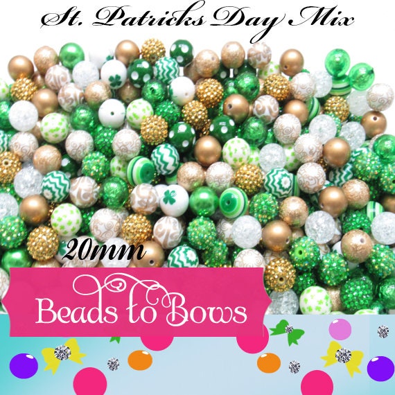 20mm St. Patricks Day Bead Mix, Green Gold White St Patricks Day Beads,  Acrylic Bubble Gum Beads, Round Bubblegum Beads Gumball Beads 20mm