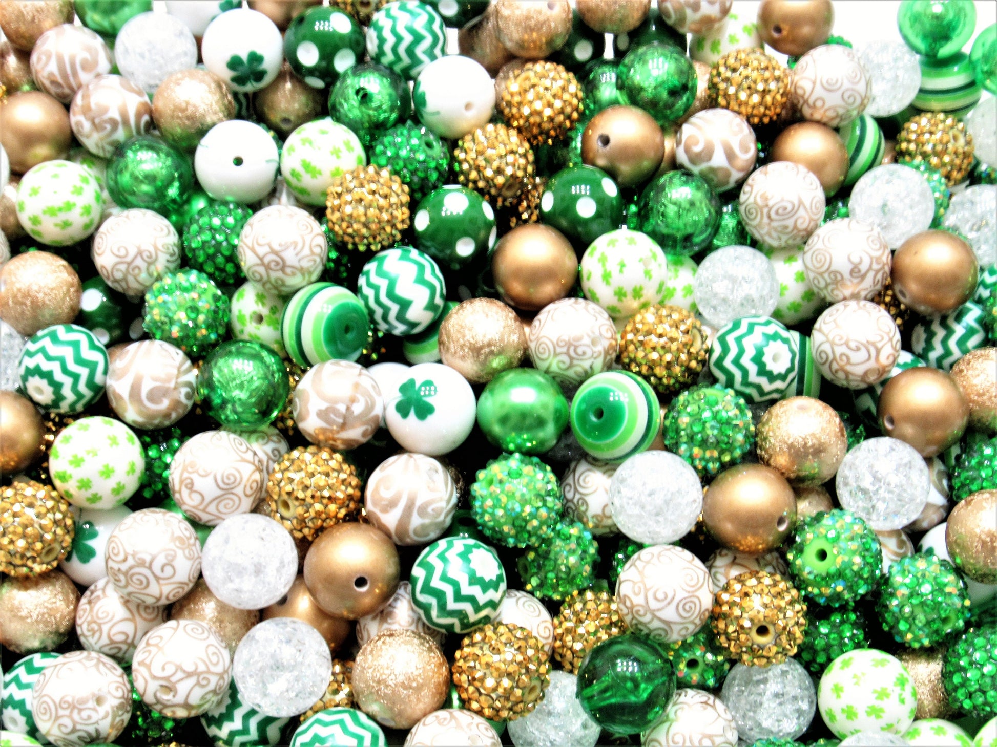 20mm St. Patricks Day Bead Mix, Green Gold White St Patricks Day Beads,  Acrylic Bubble Gum Beads, Round Bubblegum Beads Gumball Beads 20mm