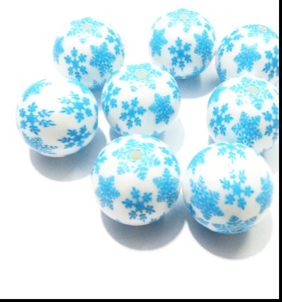 NEW 20mm Silver Snowflakes On Blue Bubblegum Beads, Blue Snowflakes On White  Beads, Chunky Bubblegum Necklace Beads, Chunky Bead Supply