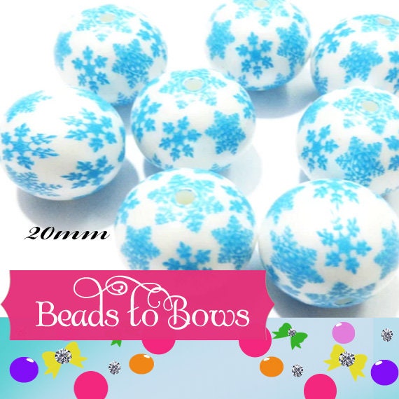 NEW 20mm Silver Snowflakes On Blue Bubblegum Beads, Blue Snowflakes On White  Beads, Chunky Bubblegum Necklace Beads, Chunky Bead Supply